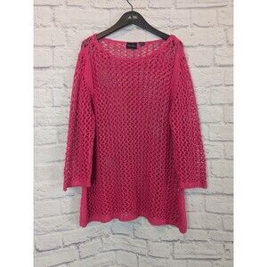 Hot Pink Crochet Open Knit Sweater Women Long Sleeves Pullover Coverup Boho XL